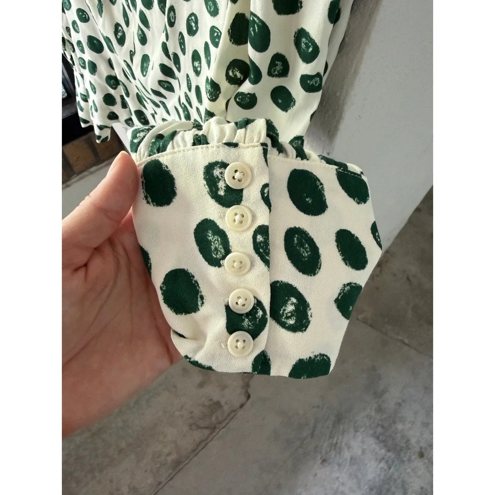 Reformation Calla Blouse in Tapioca Blouse 10 Ivory Green Polka Dot Puff Sleeve